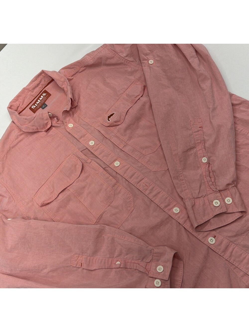 Simms Shirt Mens Large Pink Cotton Button Down Collar Roll-Up Tab Fishing